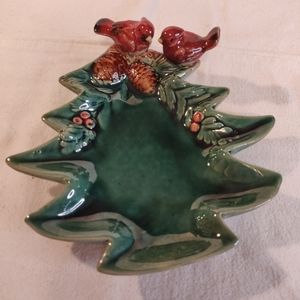 Vtg Cardinals on Christmas Tree Dish